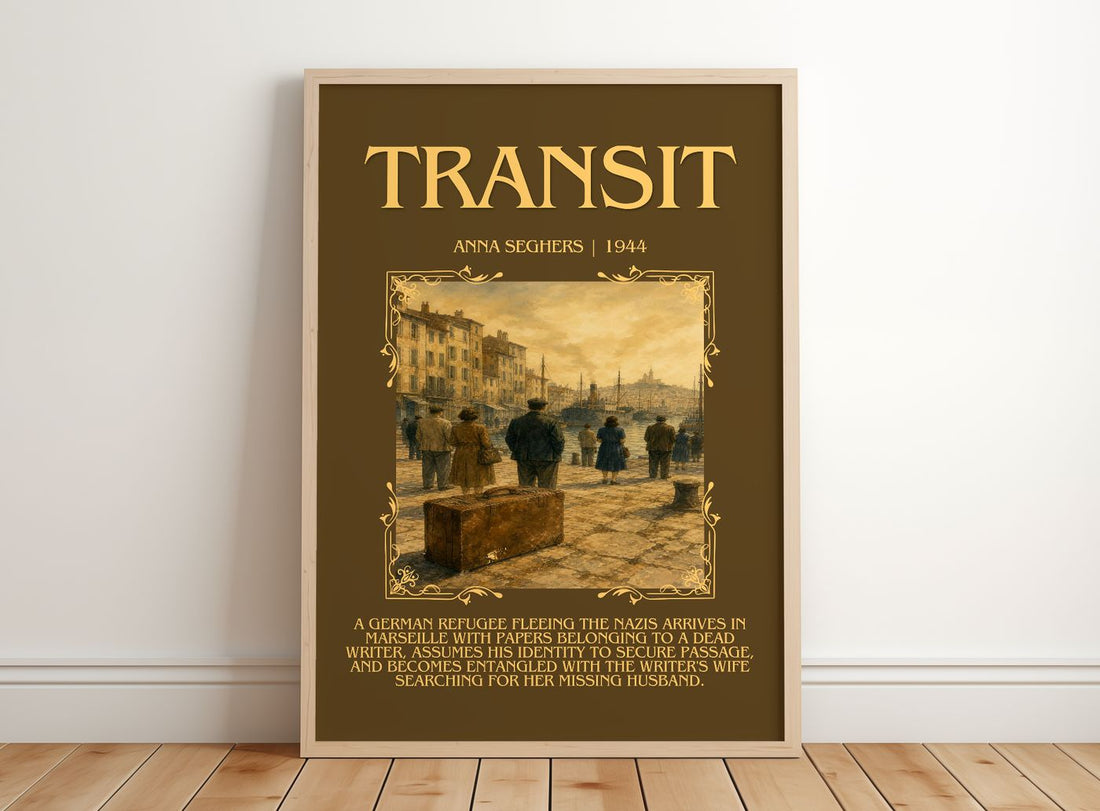 Transit Minimalist Book Poster by Anna Seghers – framed print leaning on a wooden floor