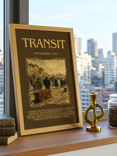 Transit Minimalist Book Poster by Anna Seghers – framed print on a city-view windowsill
