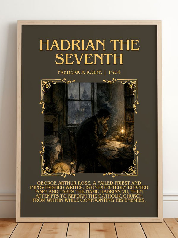 Hadrian the Seventh Minimalist Book Poster by Frederick Rolfe – framed print leaning on a wooden floor