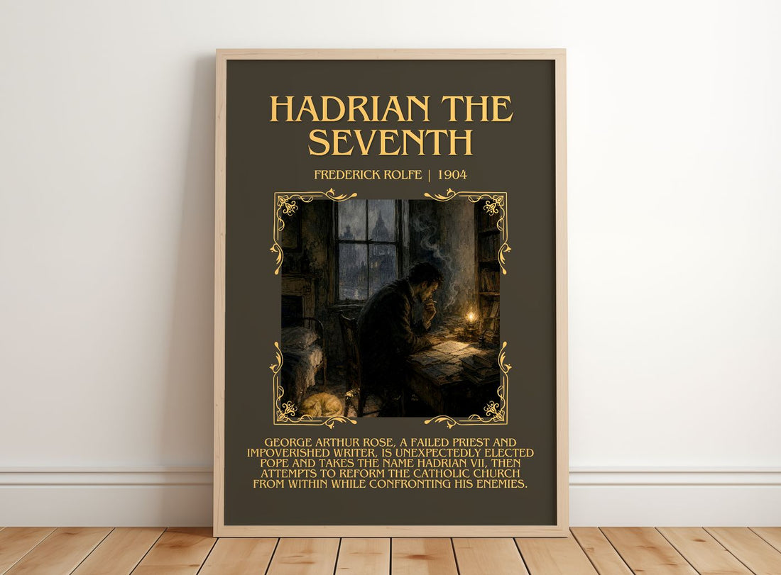 Hadrian the Seventh Minimalist Book Poster by Frederick Rolfe – framed print leaning on a wooden floor
