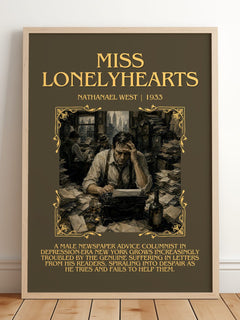 Miss Lonelyhearts Minimalist Book Poster by Nathanael West – framed print leaning on a wooden floor