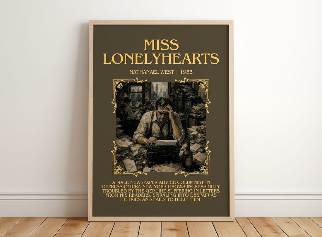 Miss Lonelyhearts Minimalist Book Poster by Nathanael West – framed print leaning on a wooden floor