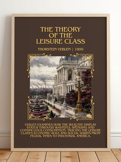 Theory of the Leisure Class Minimalist Book Poster by Thorstein Veblen – framed print leaning on a wooden floor