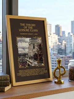 Theory of the Leisure Class Minimalist Book Poster by Thorstein Veblen – framed print on a city-view windowsill