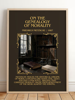 On the Genealogy of Morality Minimalist Book Poster by F. Nietzsche – framed print leaning on a wooden floor