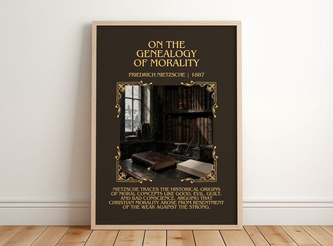 On the Genealogy of Morality Minimalist Book Poster by F. Nietzsche – framed print leaning on a wooden floor