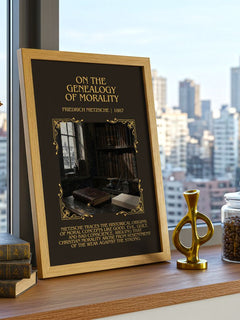 On the Genealogy of Morality Minimalist Book Poster by F. Nietzsche – framed print on a city-view windowsill