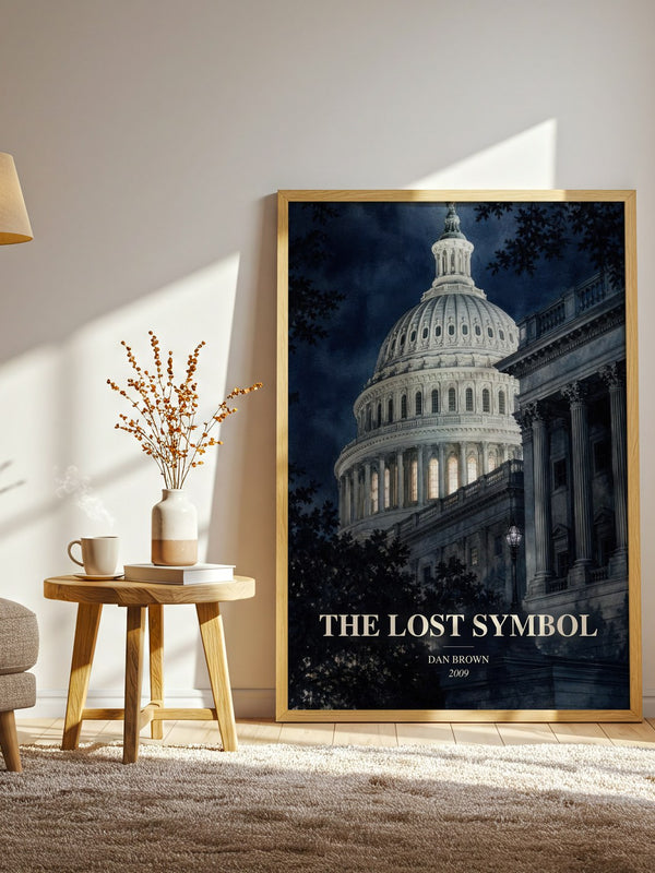 The Lost Symbol watercolour print in frame leaning in hallway – thriller wall art