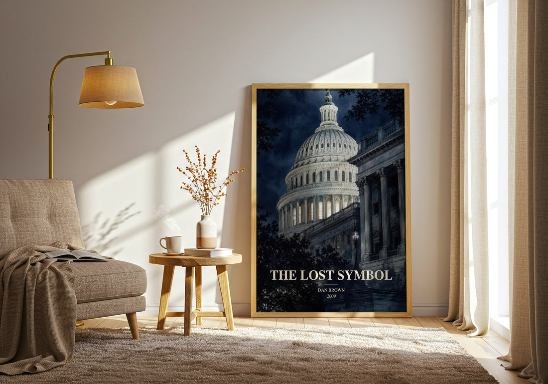 The Lost Symbol watercolour print in frame leaning in hallway – thriller wall art (mockup)
