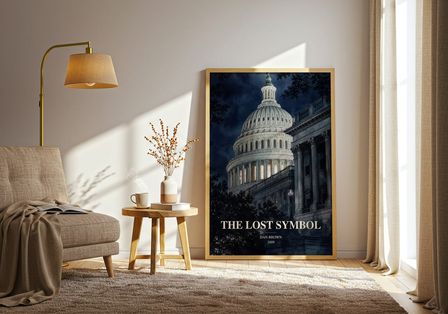 The Lost Symbol watercolour print in frame leaning in hallway – thriller wall art