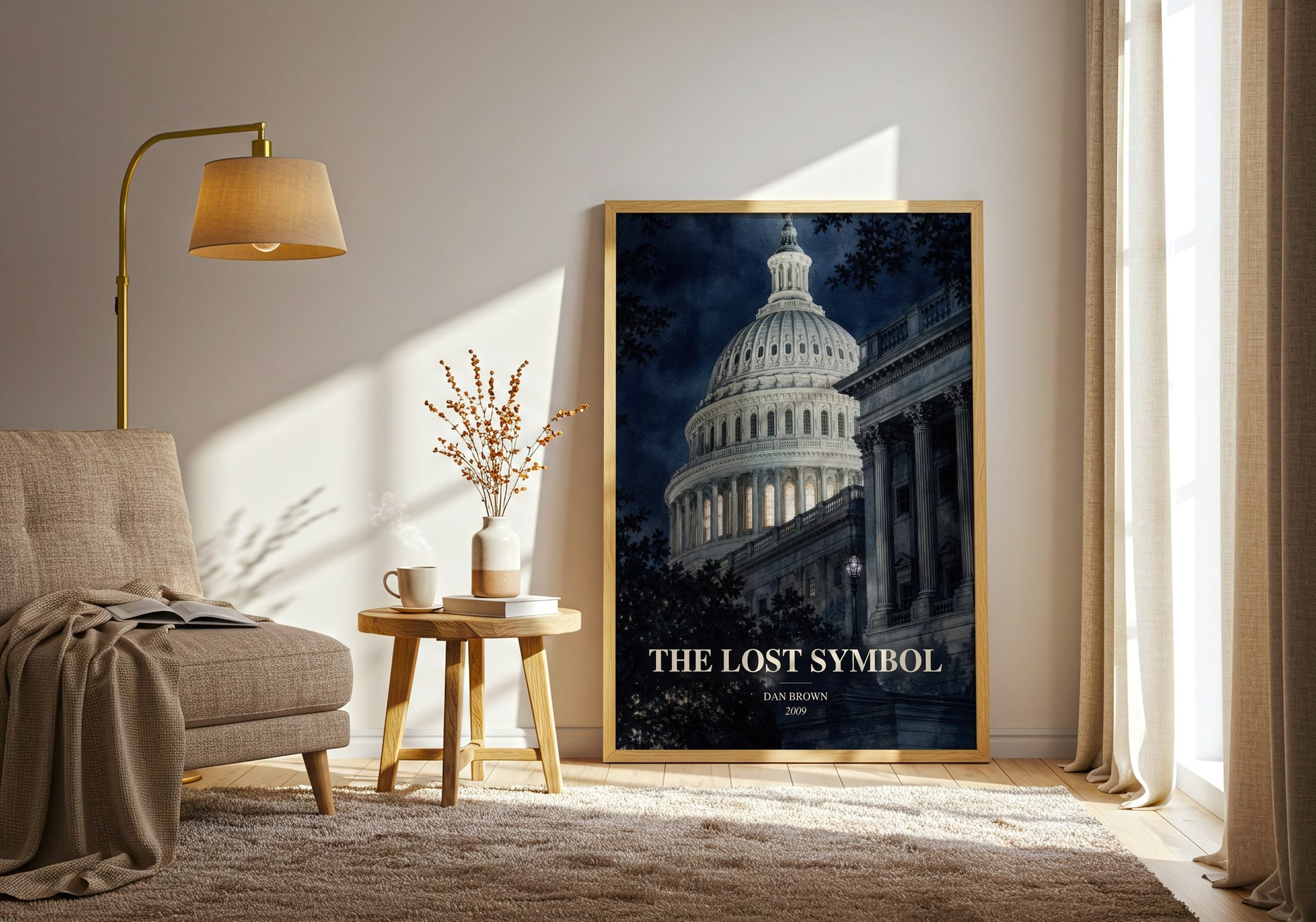 The Lost Symbol watercolour print in frame leaning in hallway – thriller wall art