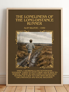 The Loneliness of the Long-distance Runner Minimalist Book Poster by Alan Sillitoe – framed print leaning on a wooden floor