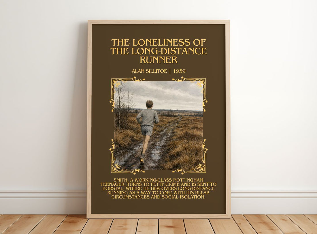 The Loneliness of the Long-distance Runner Minimalist Book Poster by Alan Sillitoe – framed print leaning on a wooden floor