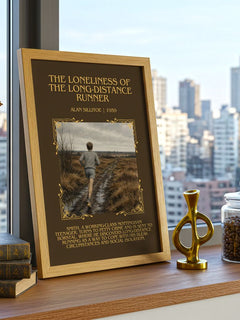 The Loneliness of the Long-distance Runner Minimalist Book Poster by Alan Sillitoe – framed print on a city-view windowsill