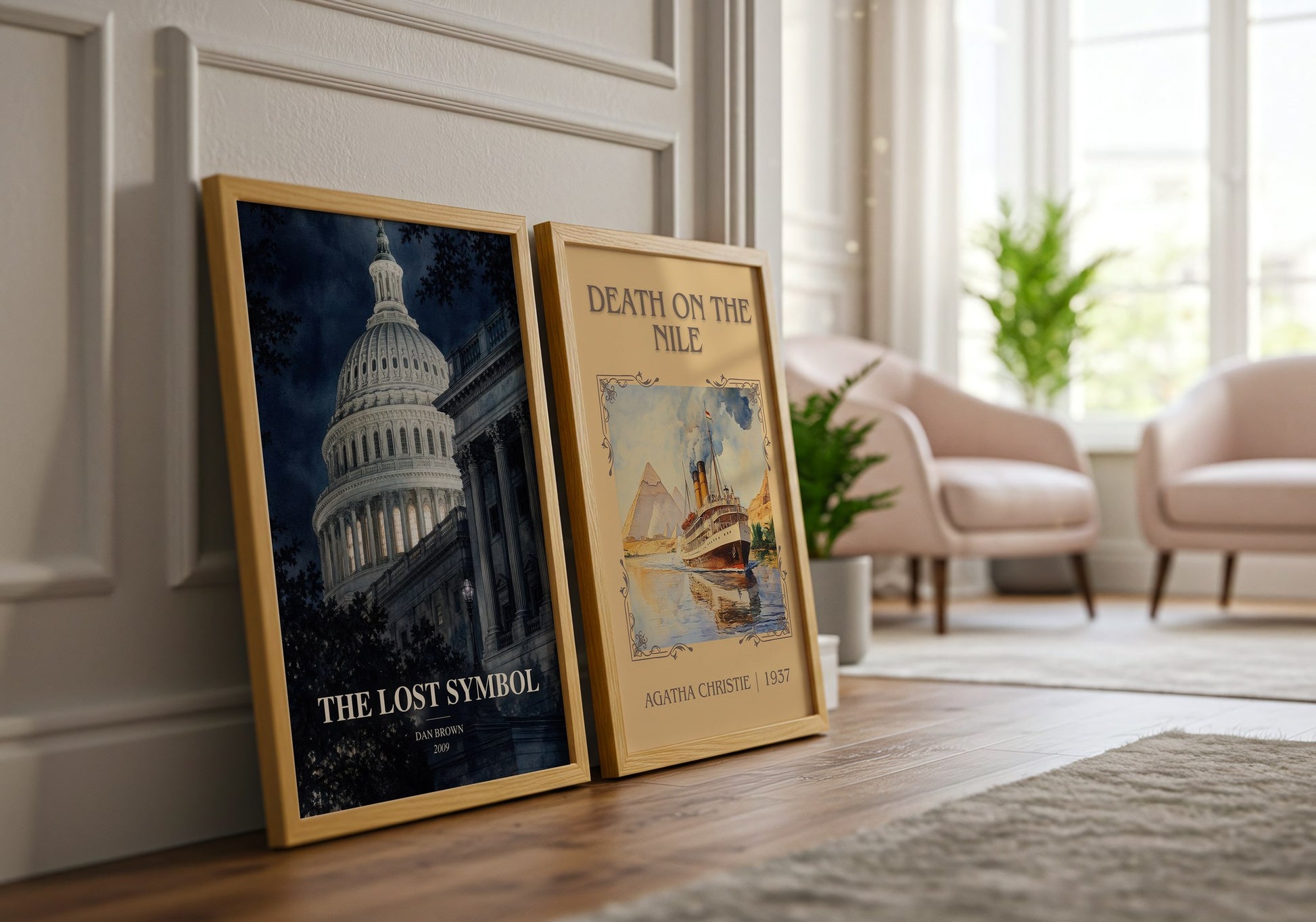 The Lost Symbol watercolour print framed by window – literary home decor