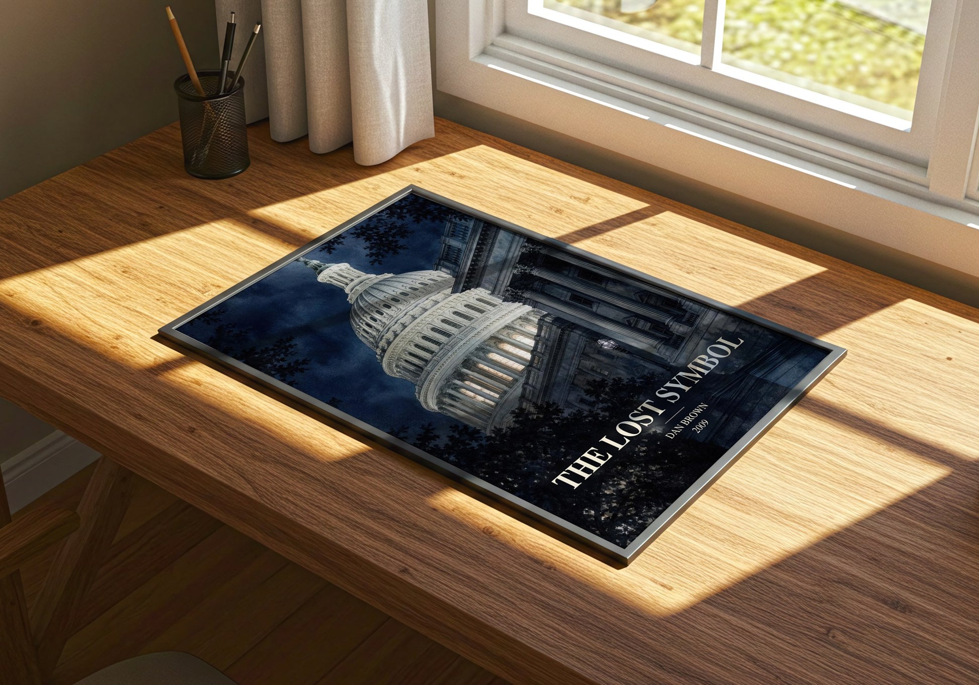 The Lost Symbol watercolour book poster framed on wall – thriller wall art