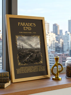 Parade's End Minimalist Book Poster by Ford Madox Ford – framed print on a city-view windowsill