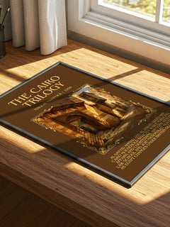 The Cairo Trilogy Minimalist Book Poster by Naguib Mahfouz – print on a sunlit desk