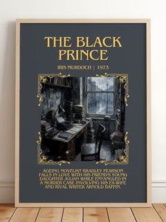 The Black Prince Minimalist Book Poster by Iris Murdoch – framed print leaning on a wooden floor