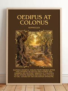 Oedipus at Colonus Minimalist Book Poster by Sophocles – framed print leaning on a wooden floor
