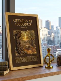Oedipus at Colonus Minimalist Book Poster by Sophocles – framed print on a city-view windowsill