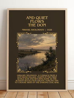 And Quiet Flows The Don Minimalist Book Poster by Mikhail Sholokhov – framed print leaning on a wooden floor