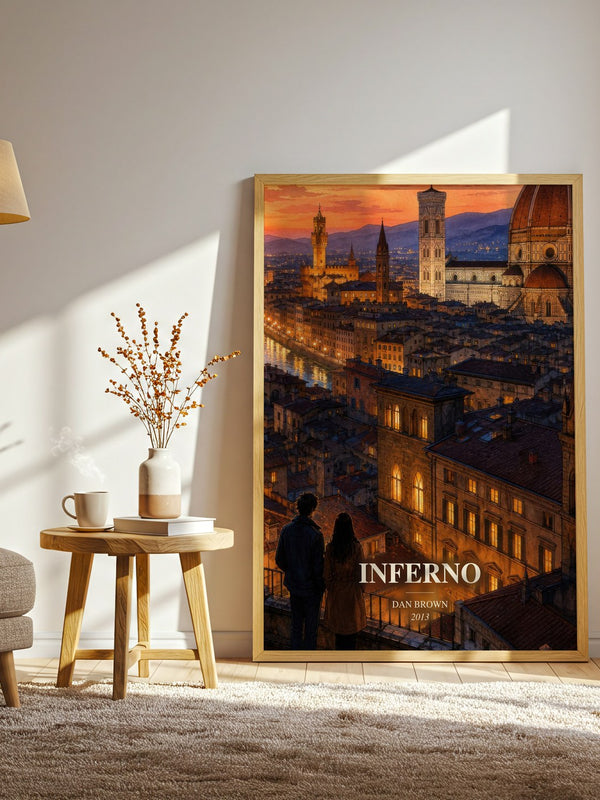 Inferno watercolour print in frame leaning in hallway – thriller wall art