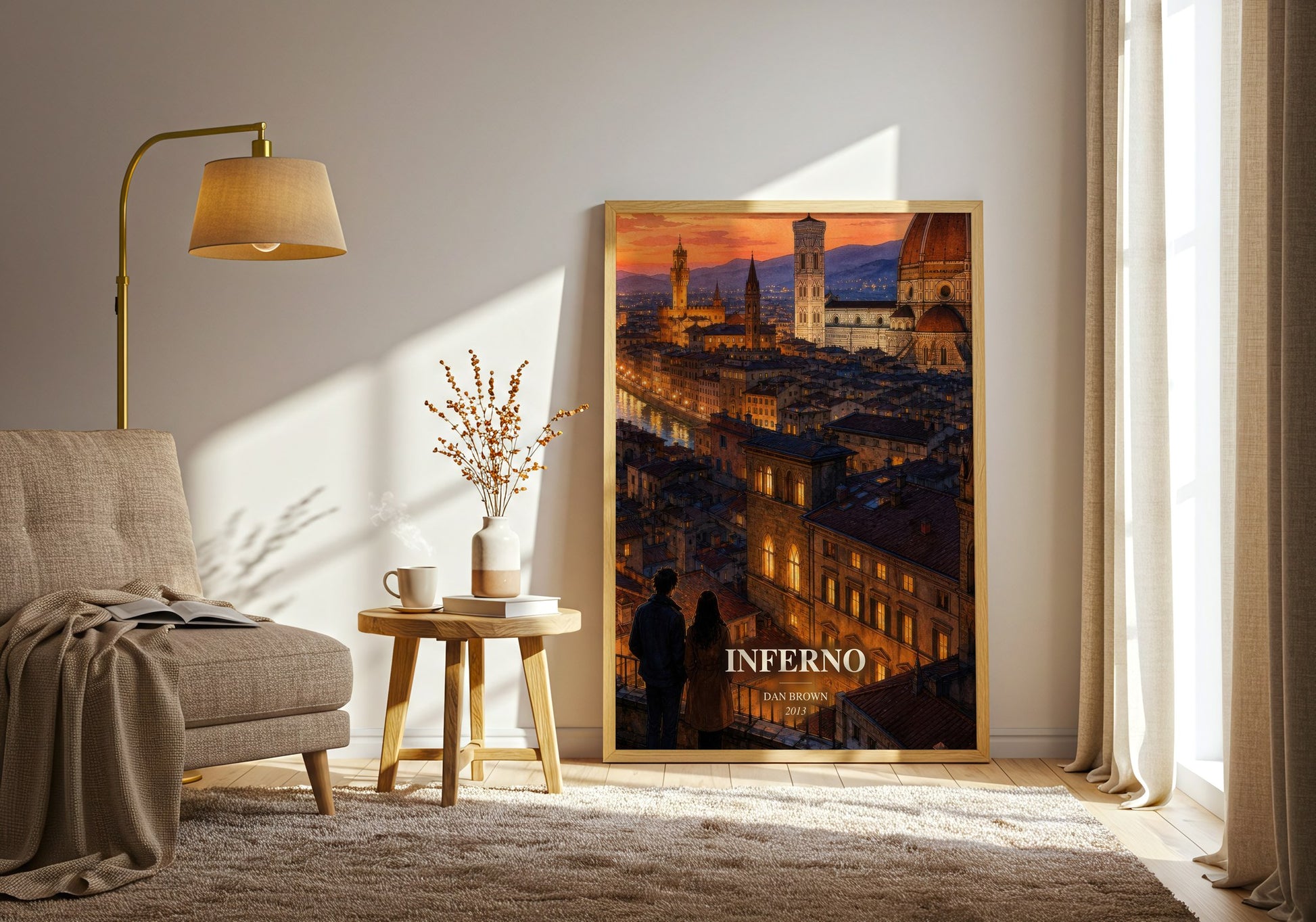 Inferno watercolour print in frame leaning in hallway – thriller wall art