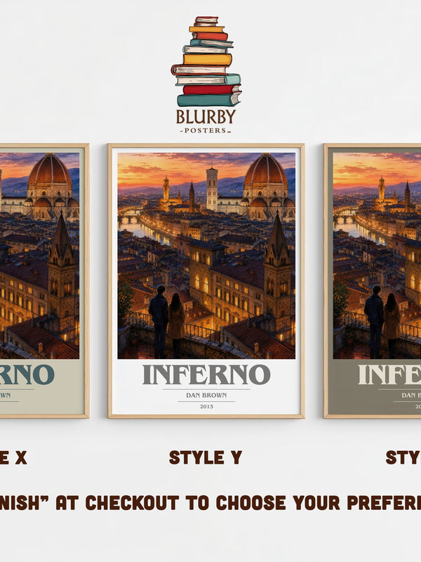 Inferno book cover print in frame leaning in hallway – thriller wall art