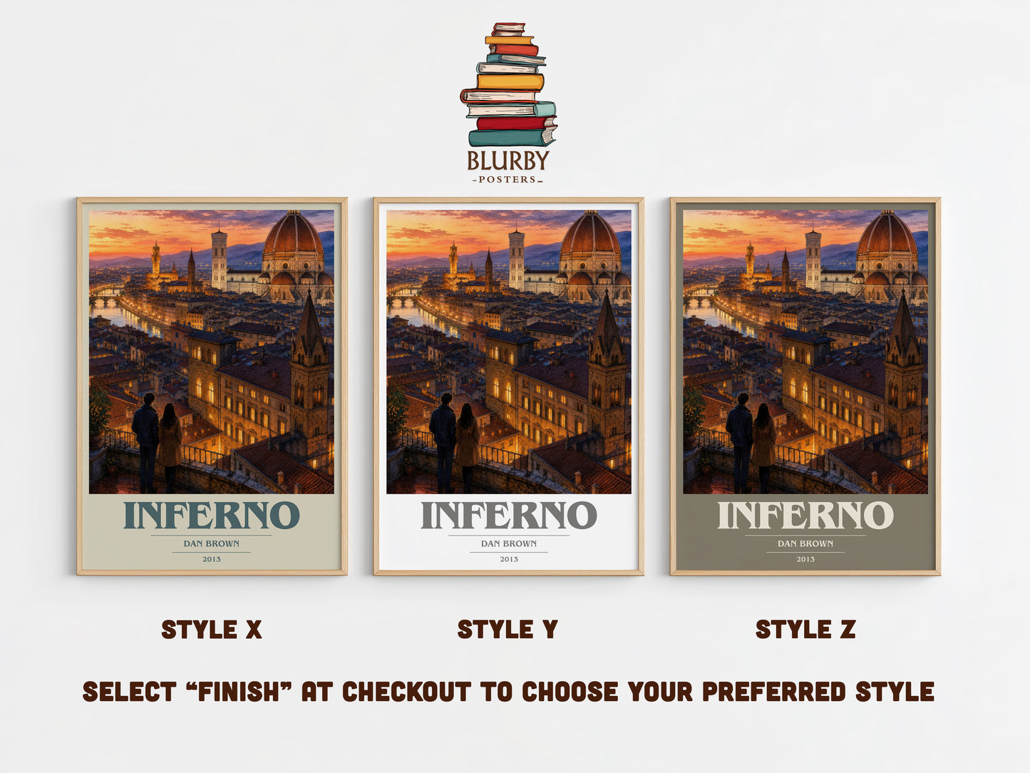 Inferno book cover print in frame leaning in hallway – thriller wall art