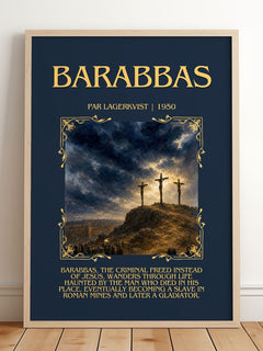 Barabbas Minimalist Book Poster by Par Lagerkvist – framed print leaning on a wooden floor