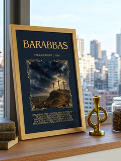 Barabbas Minimalist Book Poster by Par Lagerkvist – framed print on a city-view windowsill