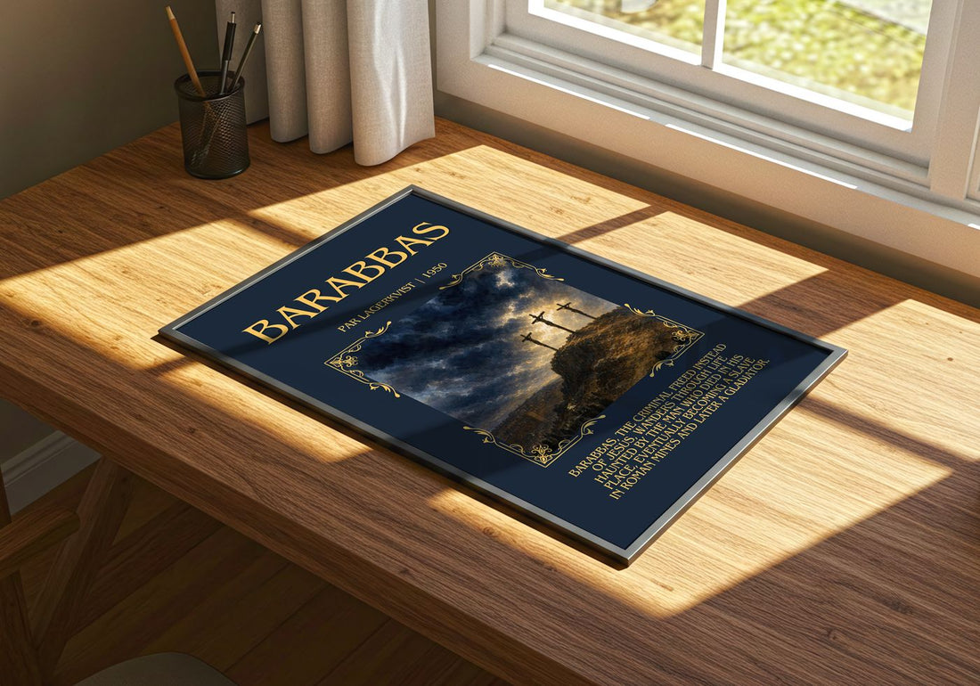 Barabbas Minimalist Book Poster by Par Lagerkvist – print on a sunlit desk