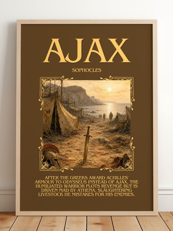 Ajax Minimalist Book Poster by Sophocles – framed print leaning on a wooden floor