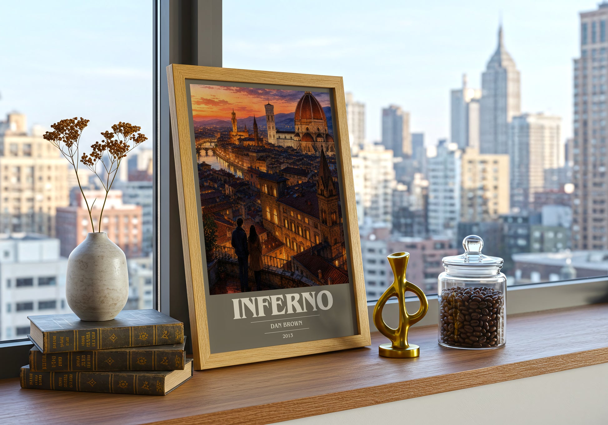 Inferno book cover print framed by window – literary home decor