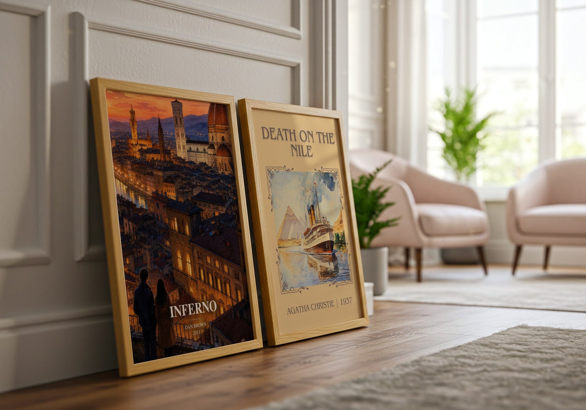 Inferno watercolour print framed by window – literary home decor