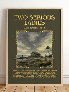 Two Serious Ladies Minimalist Book Poster by Jane Bowles – framed print leaning on a wooden floor
