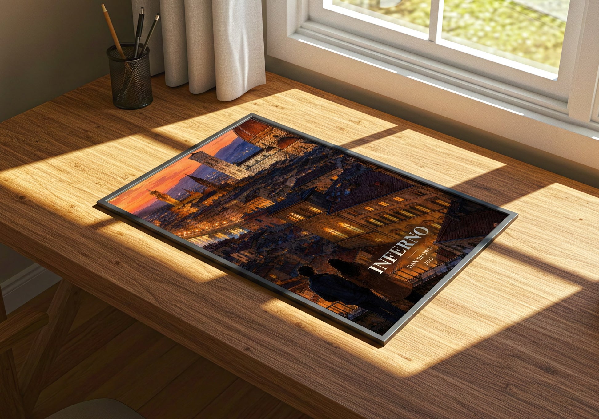 Inferno watercolour book poster framed on wall – thriller wall art