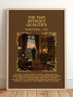 The Man Without Qualities Minimalist Book Poster by Robert Musil – framed print leaning on a wooden floor