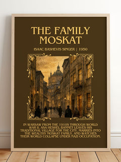 The Family Moskat Minimalist Book Poster by Isaac Bashevis Singer – framed print leaning on a wooden floor