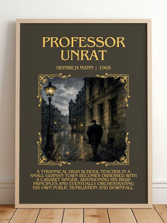 Professor Unrat Minimalist Book Poster by Heinrich Mann – framed print leaning on a wooden floor