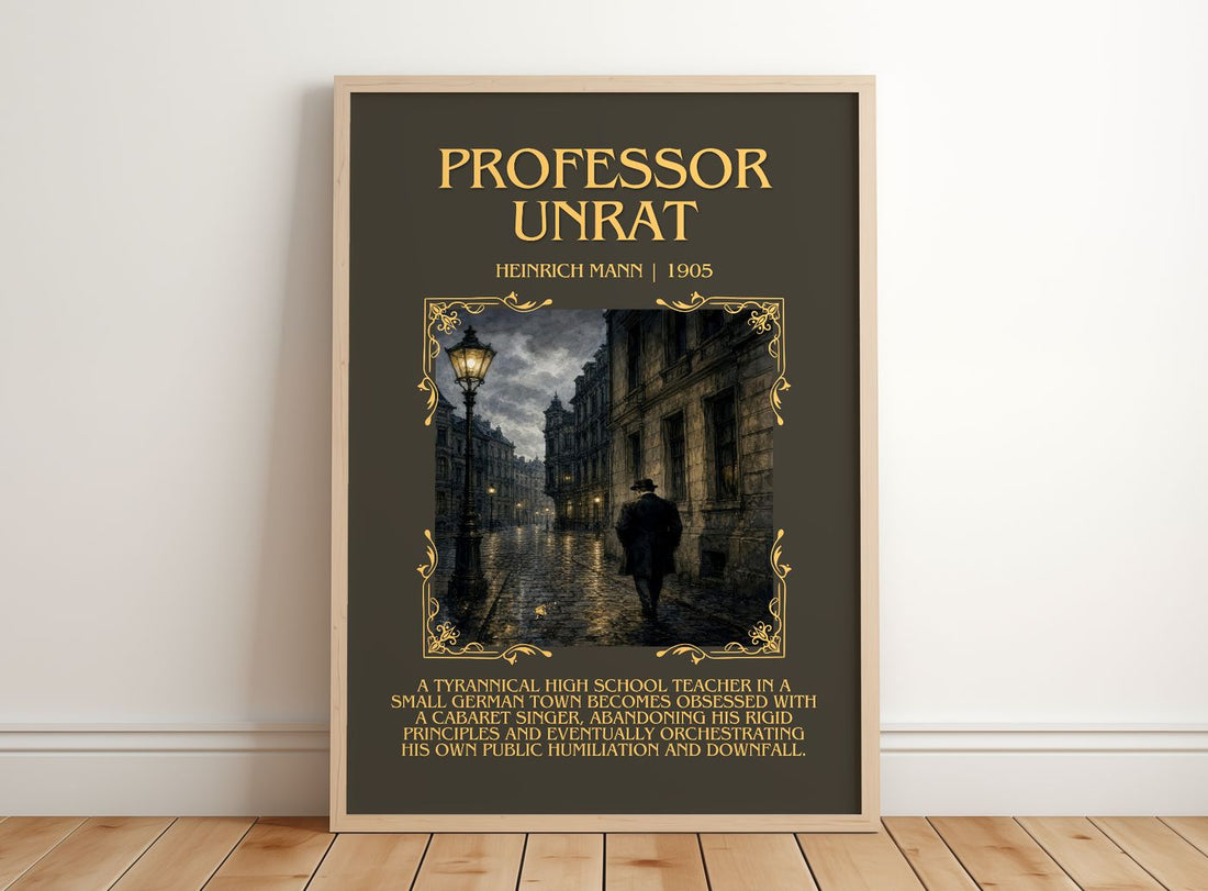 Professor Unrat Minimalist Book Poster by Heinrich Mann – framed print leaning on a wooden floor
