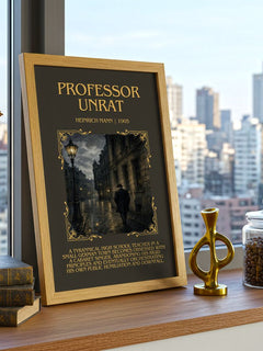 Professor Unrat Minimalist Book Poster by Heinrich Mann – framed print on a city-view windowsill