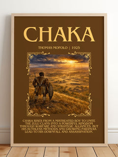 Chaka Minimalist Book Poster by Thomas Mofolo – framed print leaning on a wooden floor