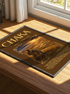 Chaka Minimalist Book Poster by Thomas Mofolo – print on a sunlit desk