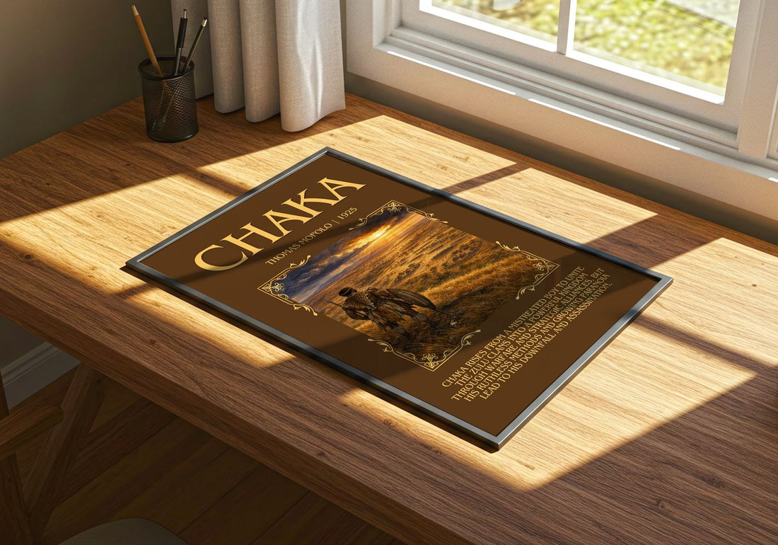 Chaka Minimalist Book Poster by Thomas Mofolo – print on a sunlit desk