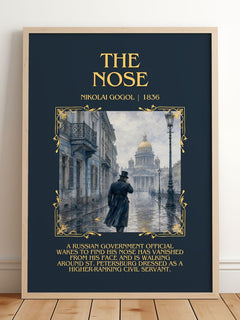 The Nose Minimalist Book Poster by Nikolai Gogol – framed print leaning on a wooden floor
