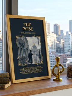 The Nose Minimalist Book Poster by Nikolai Gogol – framed print on a city-view windowsill