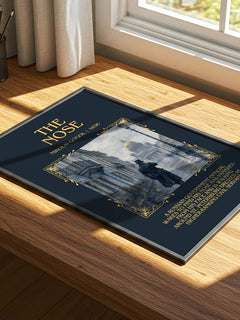 The Nose Minimalist Book Poster by Nikolai Gogol – print on a sunlit desk