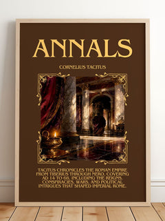 Annals Minimalist Book Poster by Cornelius Tacitus – framed print leaning on a wooden floor